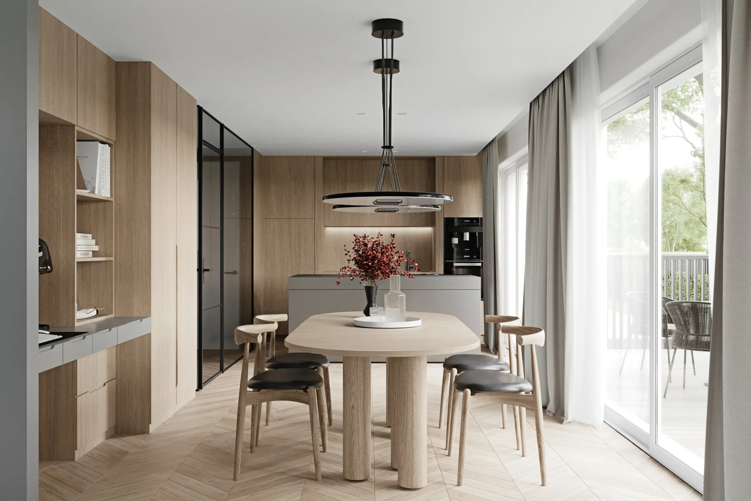 Minimalistine, šviesi, virtuvė su aukštais vitrininiais langais - NT Vizualizacijos