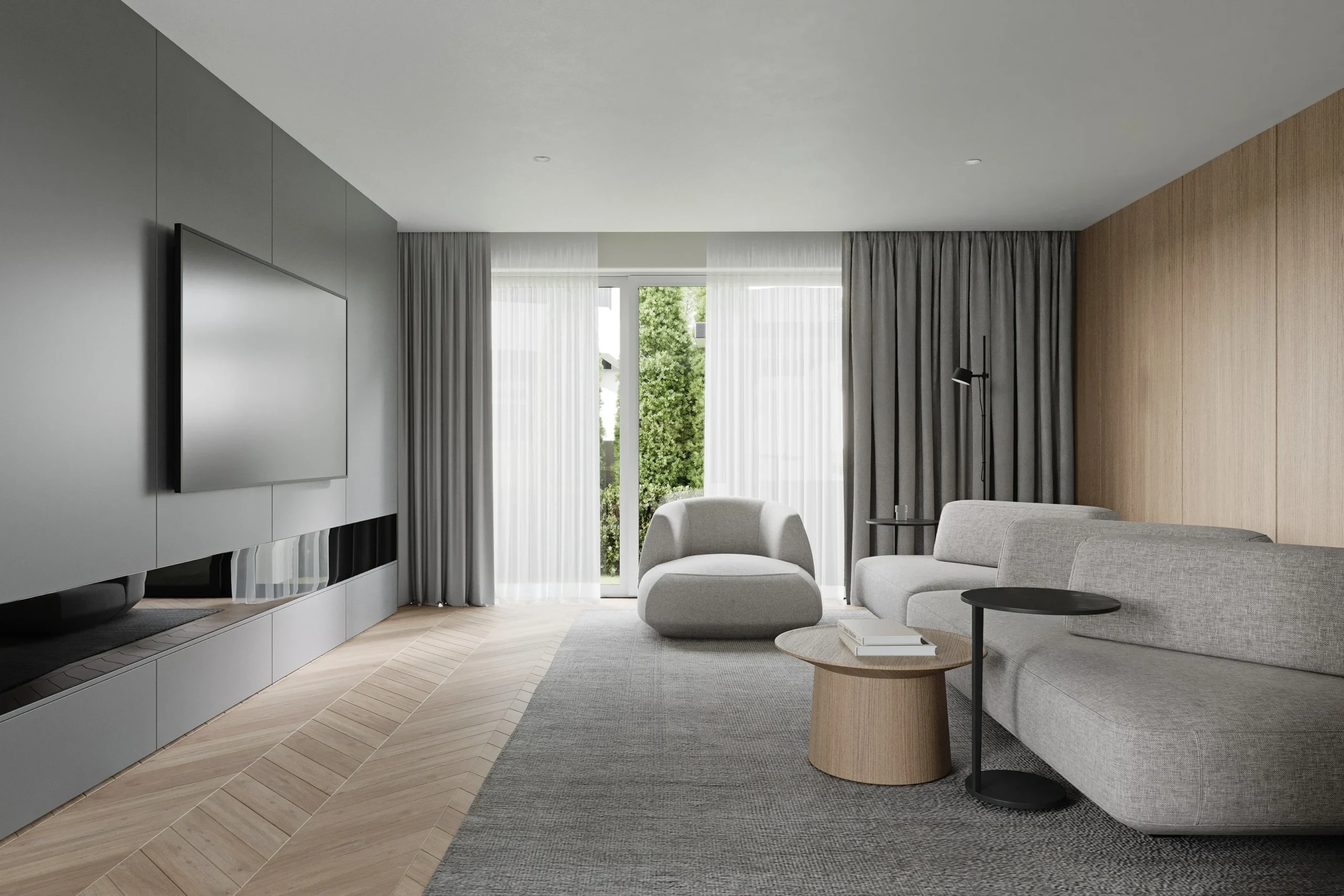 Modernaus stiliaus svetainės vizualizacija - NT Vizualizacijos