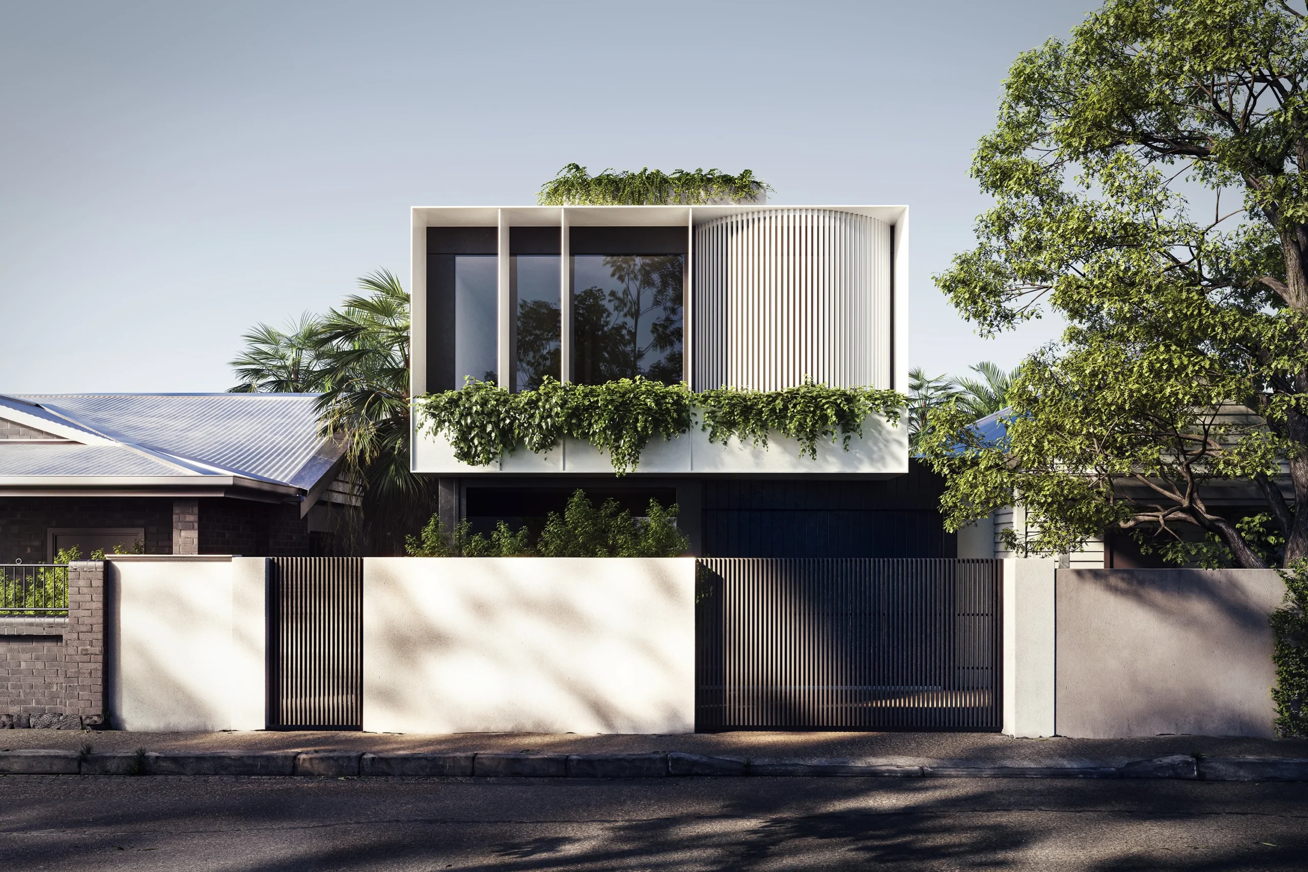 Modernaus privataus dviejų aukštų balto su juodais akcentais namo vizualizacija - NT Vizualizacijos