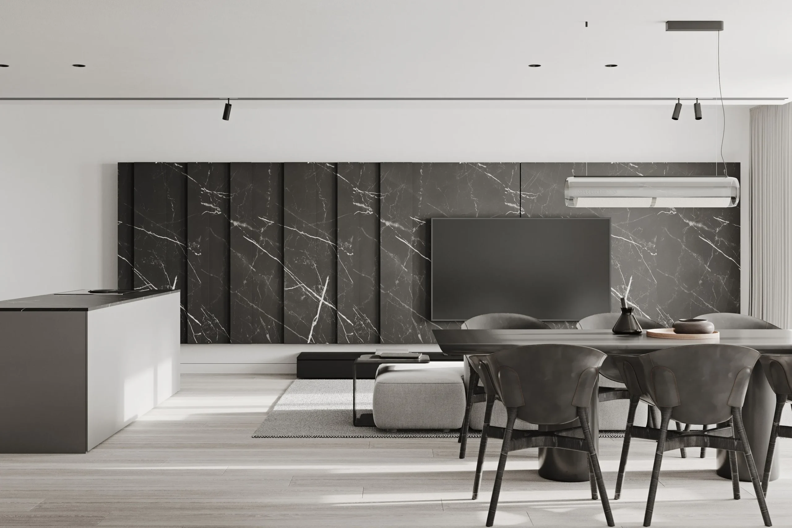 Moderni juoda ir balta valgomojo ir svetainės vizualizacija - NT Vizualizacijos