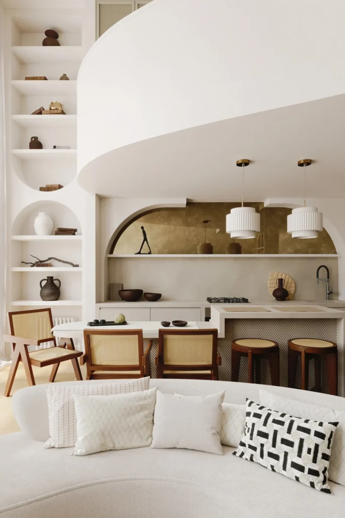 Šviesi, apvalių formų, svetainė, valgomasis ir virtuvė - NT Vizualizacijos