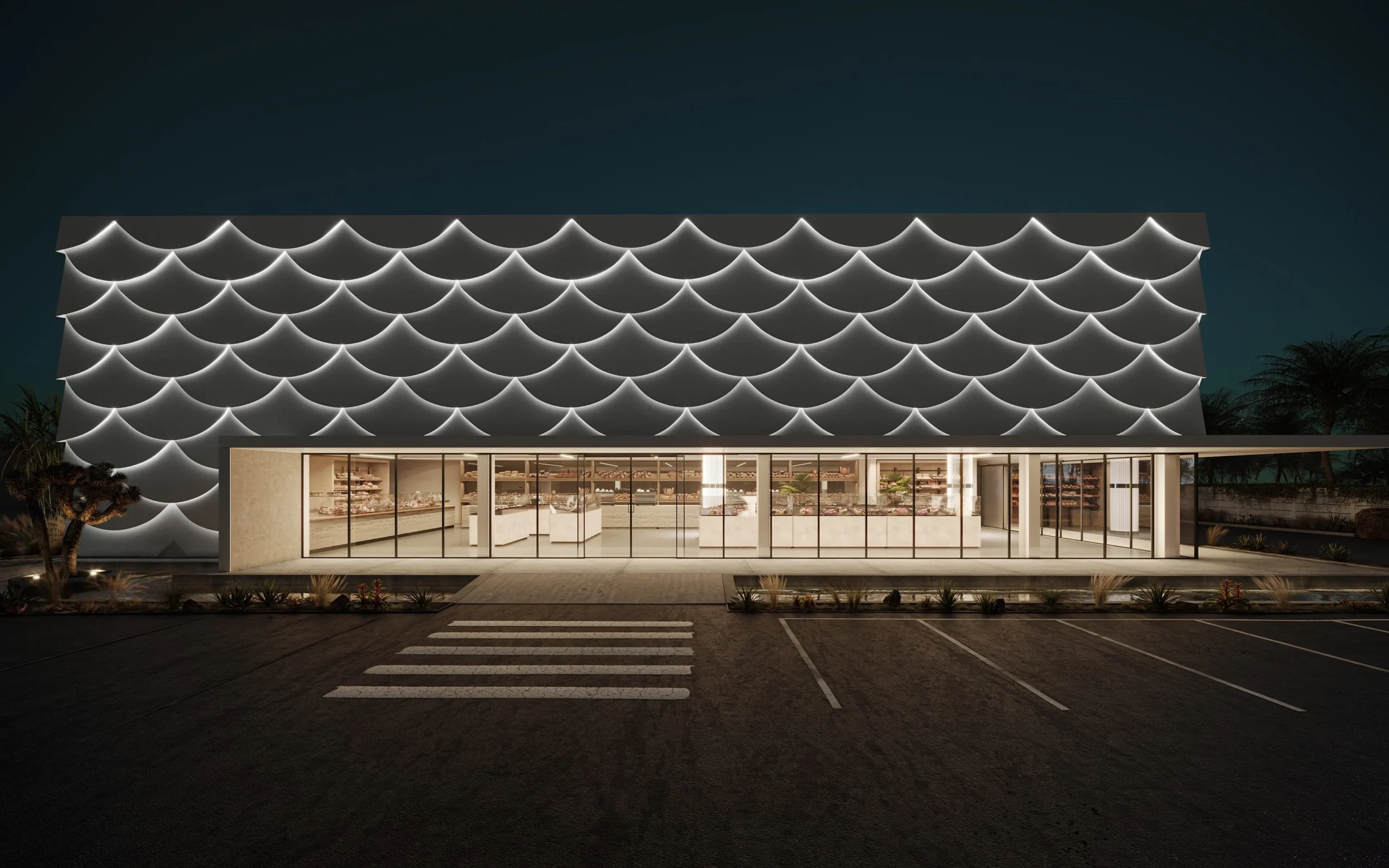 Tvarkingoje kaiminystėje pastatyto modernaus verslo centro vizualizacija naktį - NT Vizualizacijos