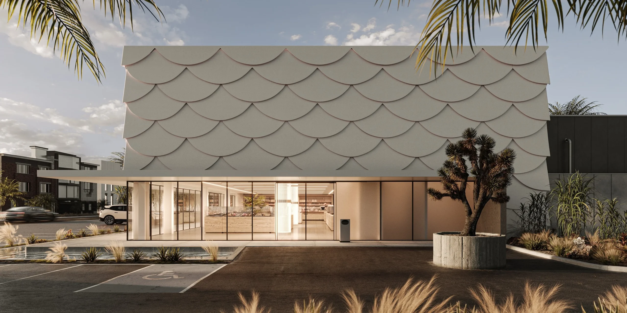 Tvarkingoje kaiminystėje pastatyto modernaus verslo centro vizualizacija dieną - NT Vizualizacijos